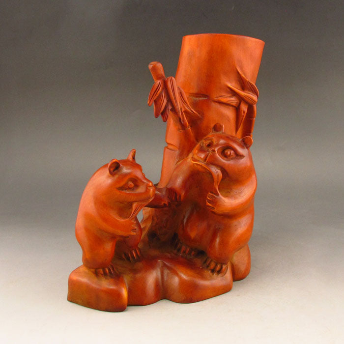 Chinese Boxwood Wood Brush Pot w Pandas