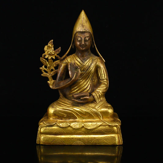 Vintage Tibetan Buddhism Gilt Gold Red Copper Tsongkhapa Statue