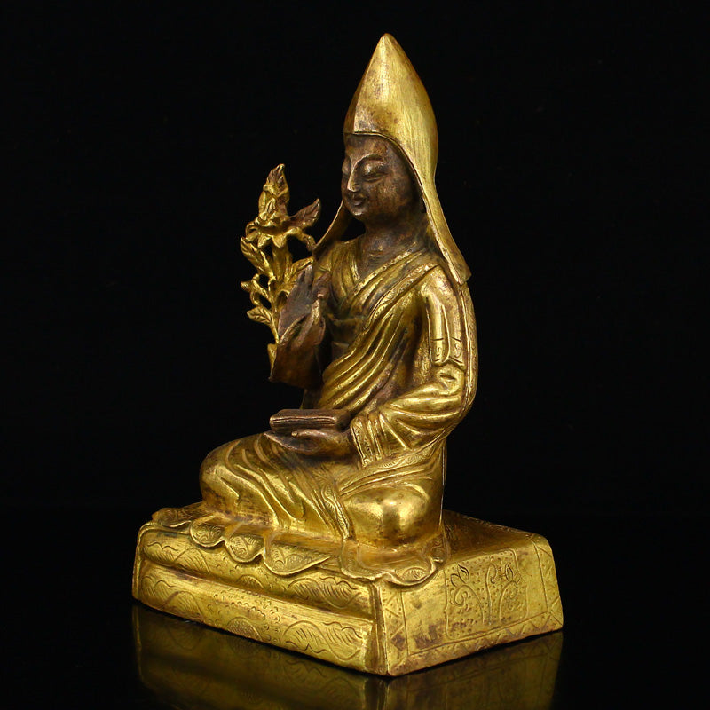 Vintage Tibetan Buddhism Gilt Gold Red Copper Tsongkhapa Statue