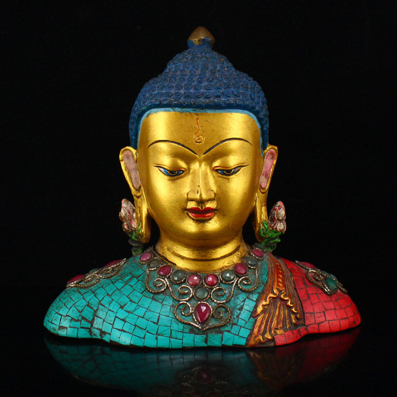 Vintage Gilt Gold Red Copper Inlay Turquoise & Gem Buddha Head Statue