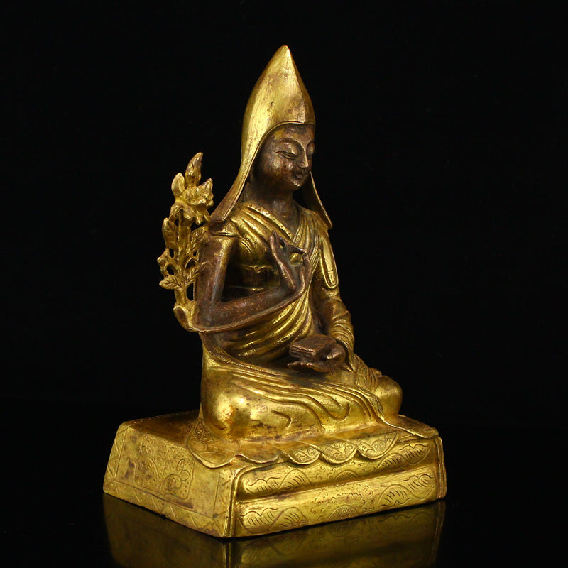 Vintage Tibetan Buddhism Gilt Gold Red Copper Tsongkhapa Statue