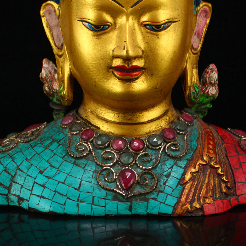 Vintage Gilt Gold Red Copper Inlay Turquoise & Gem Buddha Head Statue