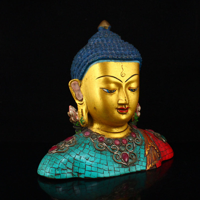 Vintage Gilt Gold Red Copper Inlay Turquoise & Gem Buddha Head Statue