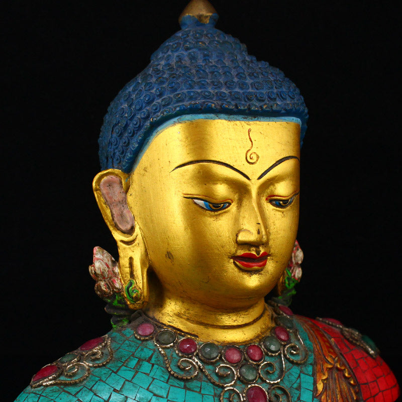 Vintage Gilt Gold Red Copper Inlay Turquoise & Gem Buddha Head Statue