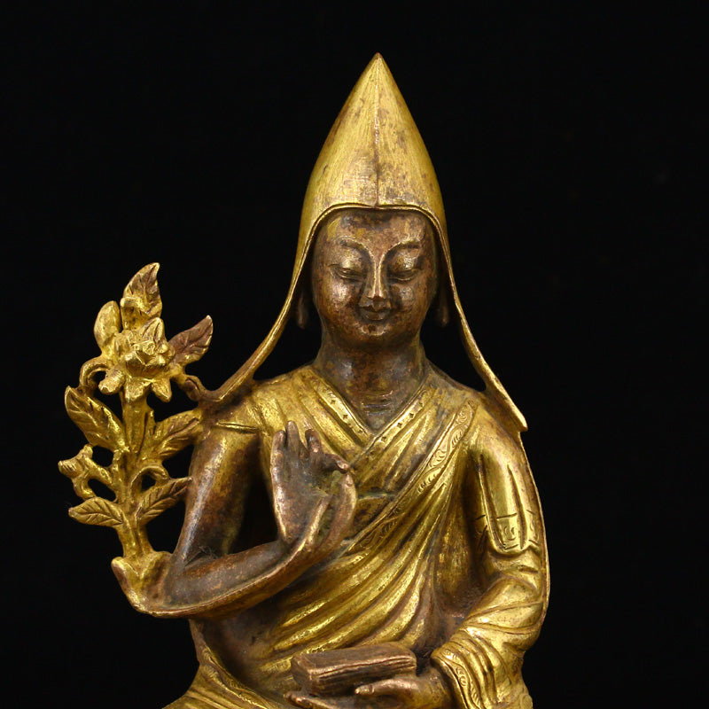 Vintage Tibetan Buddhism Gilt Gold Red Copper Tsongkhapa Statue