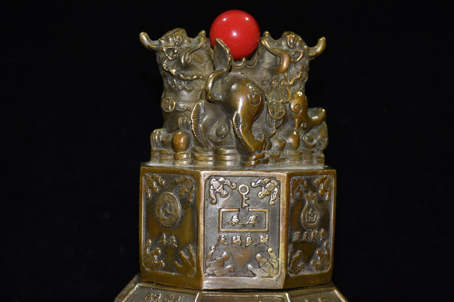 Chinese Brass Inlay Gem Lucky Lion Seal w Base