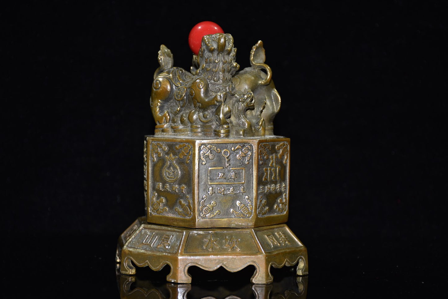 Chinese Brass Inlay Gem Lucky Lion Seal w Base