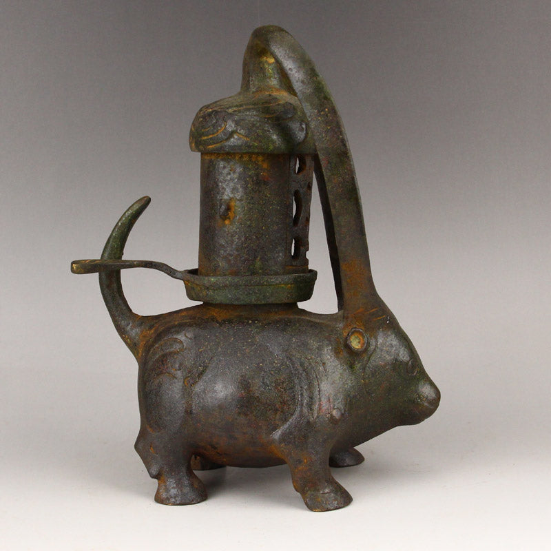 Vintage Chinese Bronze Ox Oil Lamp