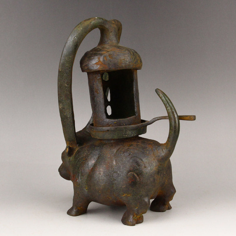 Vintage Chinese Bronze Ox Oil Lamp