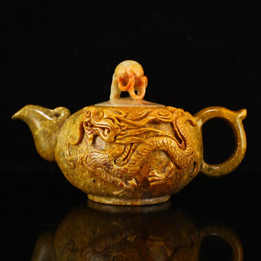 Chinese Shoushan Stone Low Relief Fortune Dragon Design Teapot w Certificate