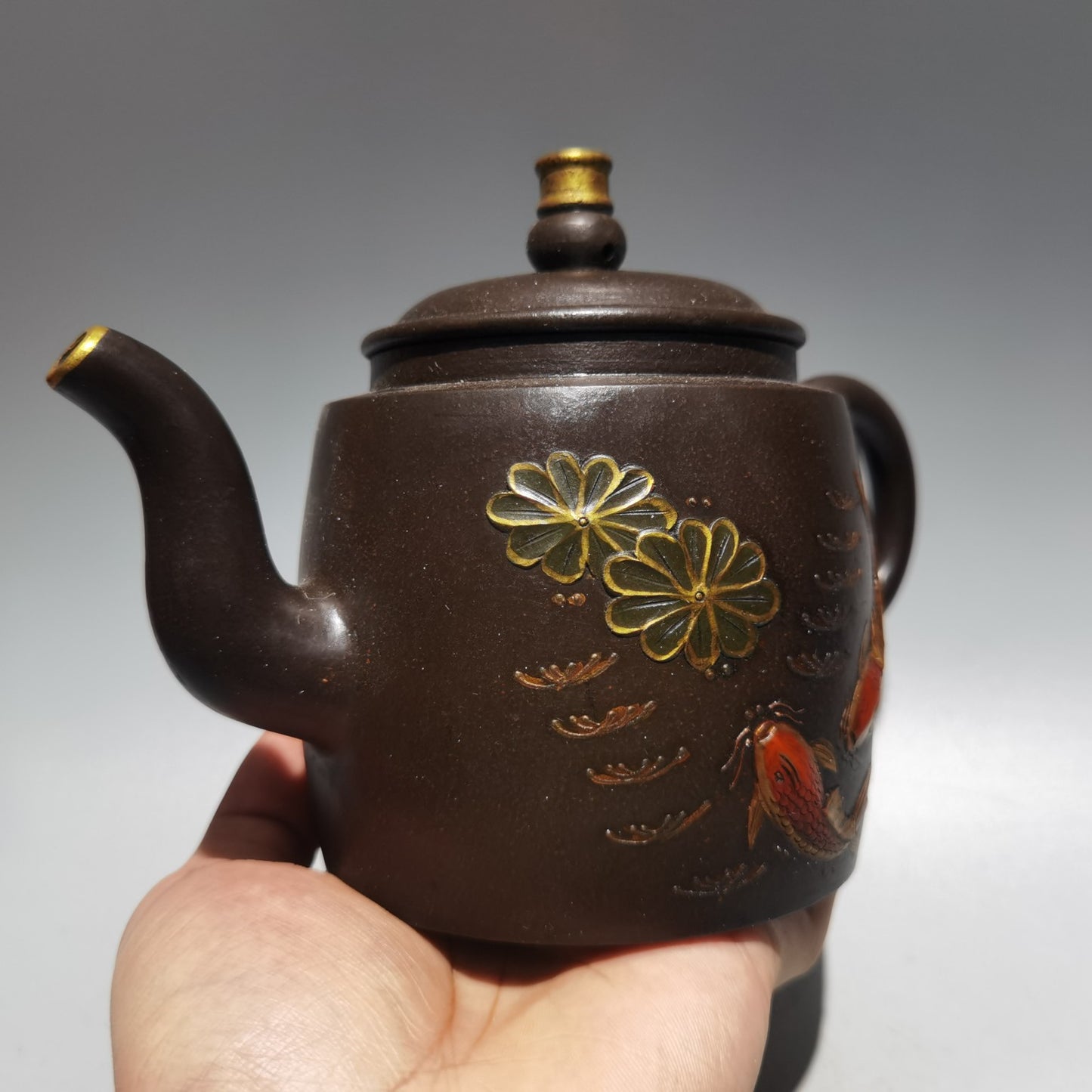 Chinese Gilt Gold Yixing Zisha Clay Teapot w Artist Signed