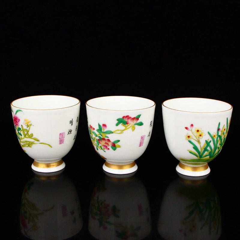 A Set Twelve Chinese Famille Rose Flowers Design Porcelain Cups