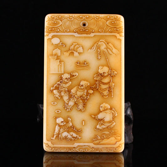 Old Chinese Hetian Jade Low Relief Five Kids Design Pendant