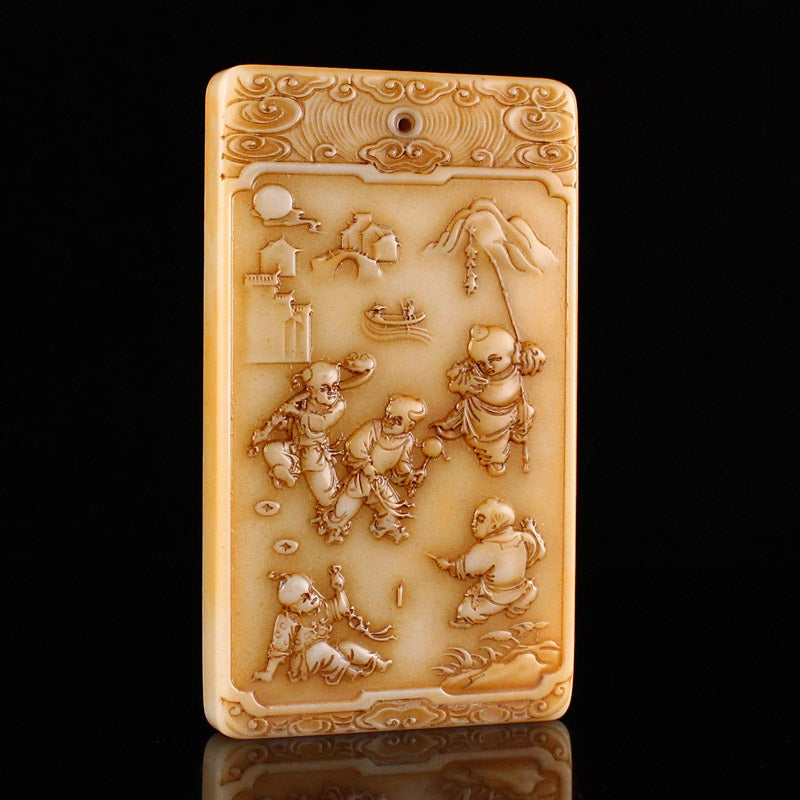 Old Chinese Hetian Jade Low Relief Five Kids Design Pendant