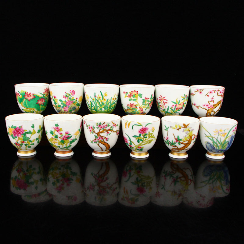 A Set Twelve Chinese Famille Rose Flowers Design Porcelain Cups