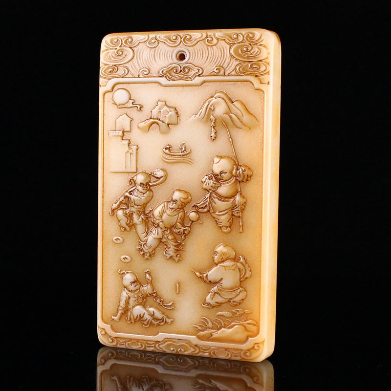 Old Chinese Hetian Jade Low Relief Five Kids Design Pendant