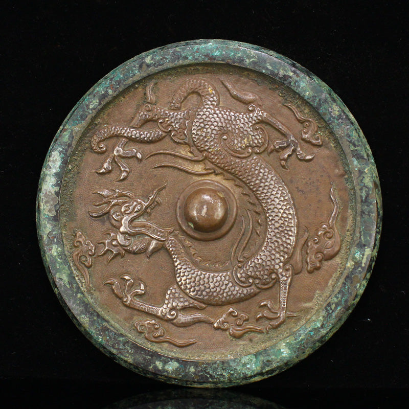 Vintage Chinese Bronze Plated Silver Lucky Dragon Mirror