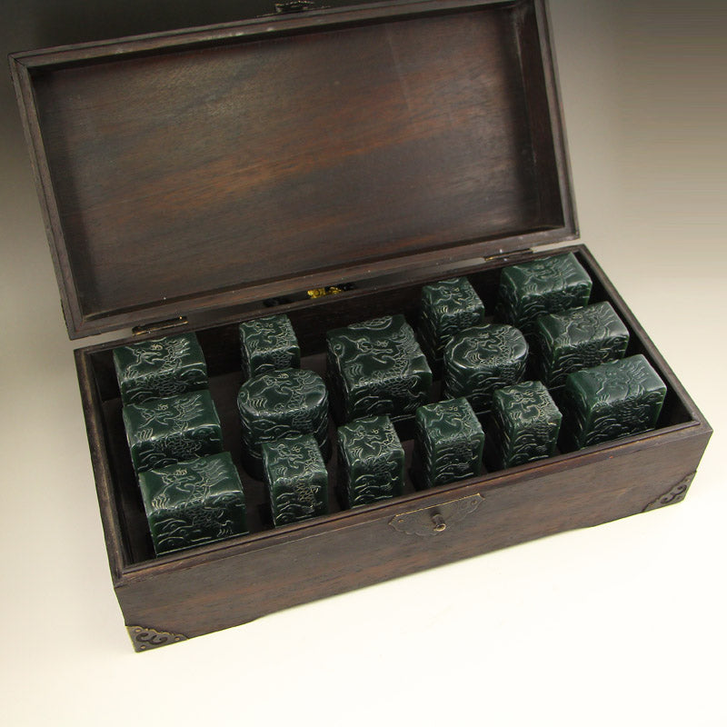 A Set Vintage Chinese Deep Green Hetian Jade Seals w Zitan Wood Box