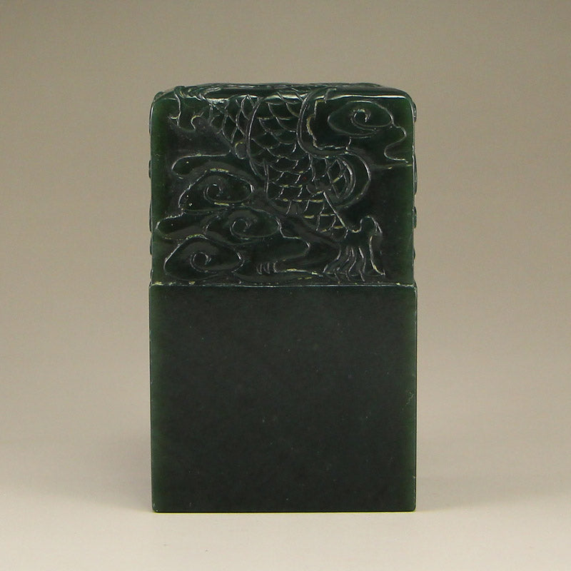 A Set Vintage Chinese Deep Green Hetian Jade Seals w Zitan Wood Box