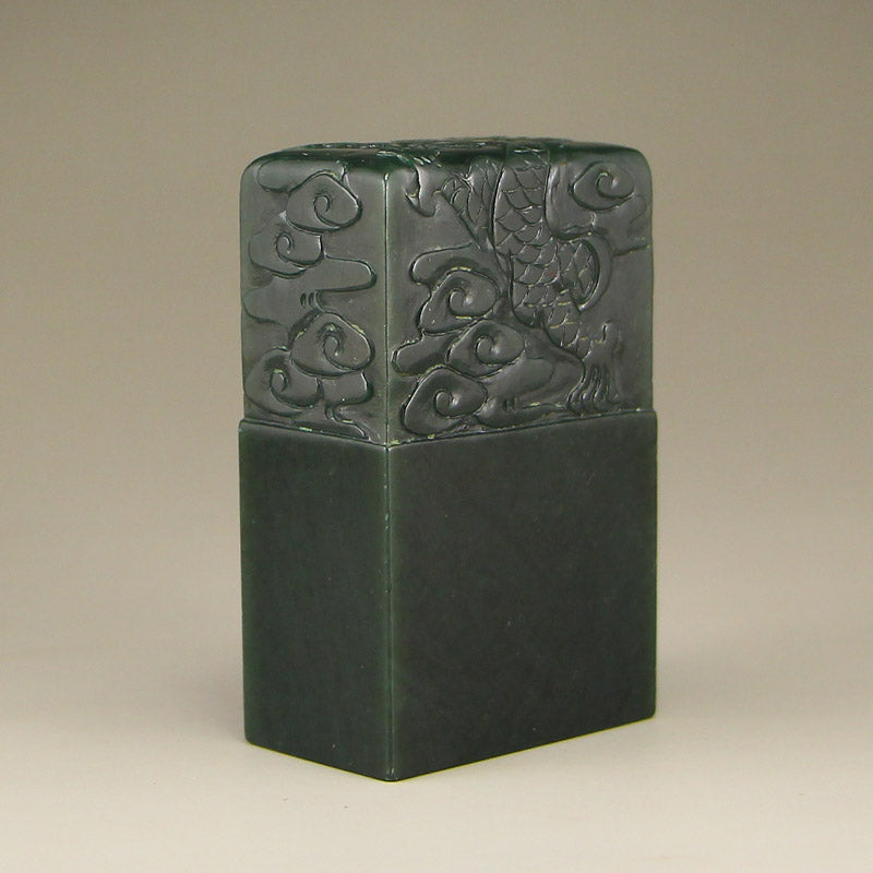 A Set Vintage Chinese Deep Green Hetian Jade Seals w Zitan Wood Box