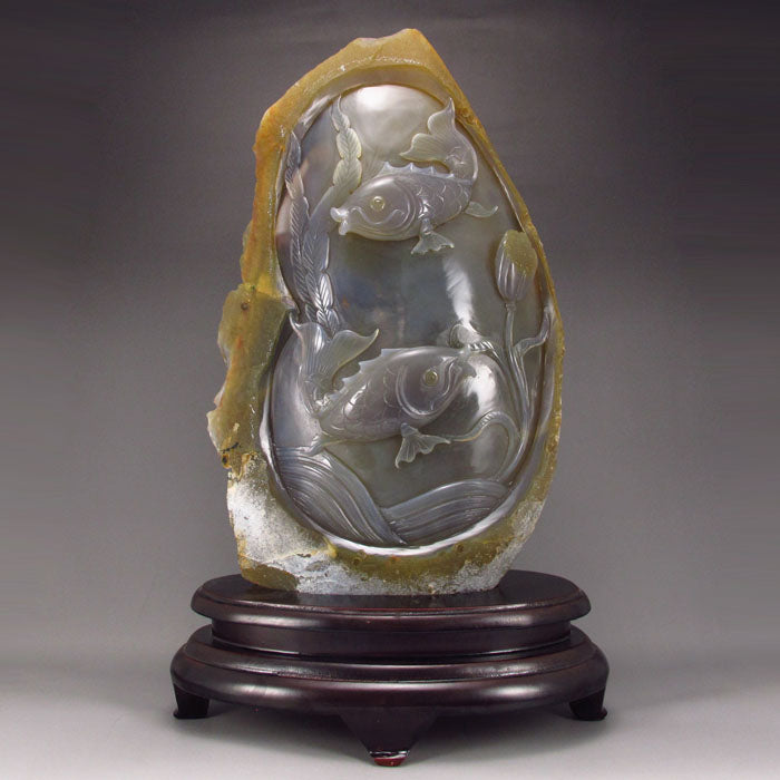 Chinese Natural Water Bile Agate Statue - Carp & Lotus