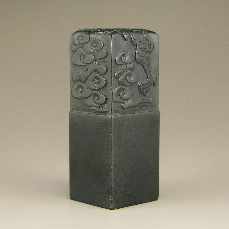 A Set Vintage Chinese Deep Green Hetian Jade Seals w Zitan Wood Box