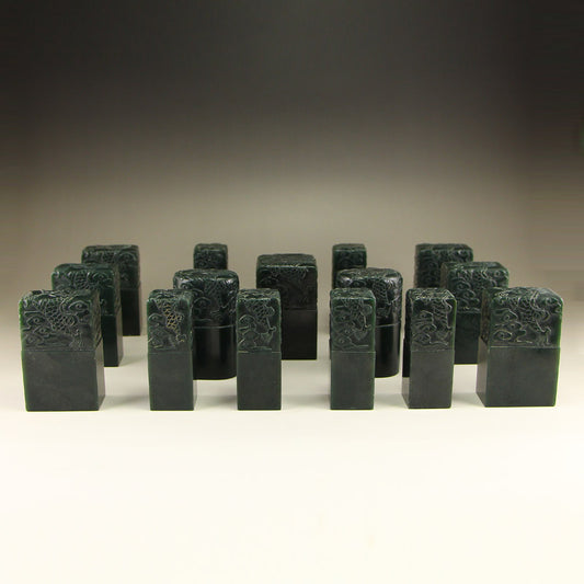 A Set Vintage Chinese Deep Green Hetian Jade Seals w Zitan Wood Box