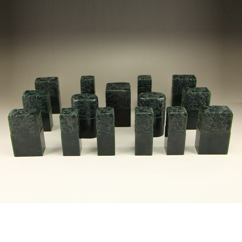 A Set Vintage Chinese Deep Green Hetian Jade Seals w Zitan Wood Box