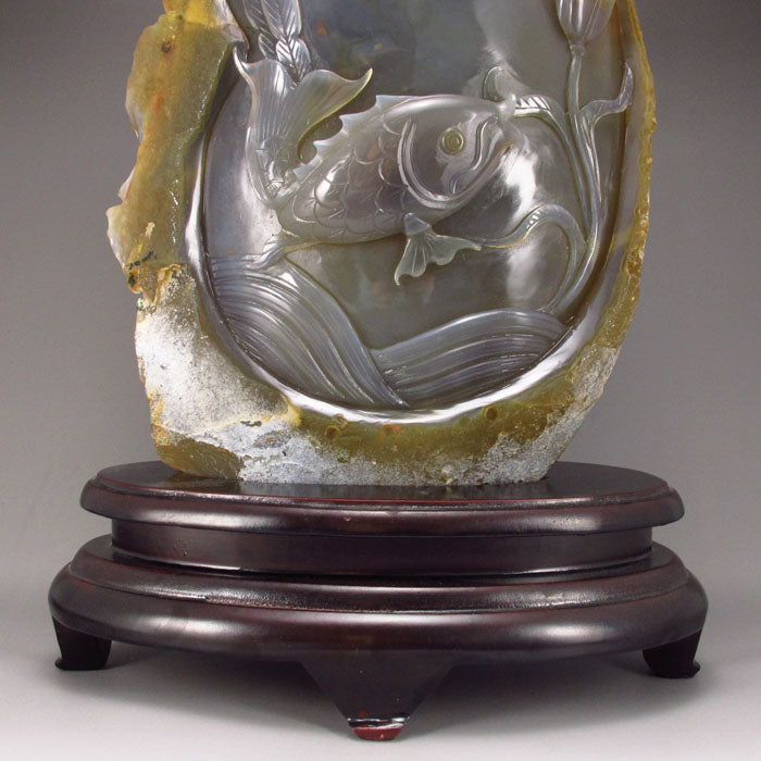 Chinese Natural Water Bile Agate Statue - Carp & Lotus