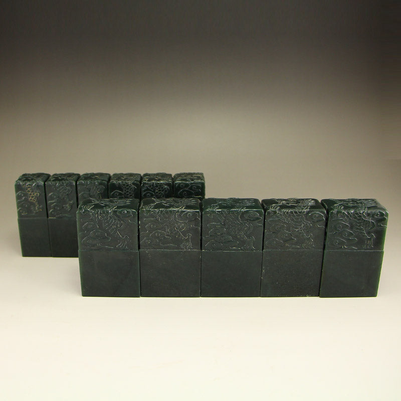 A Set Vintage Chinese Deep Green Hetian Jade Seals w Zitan Wood Box