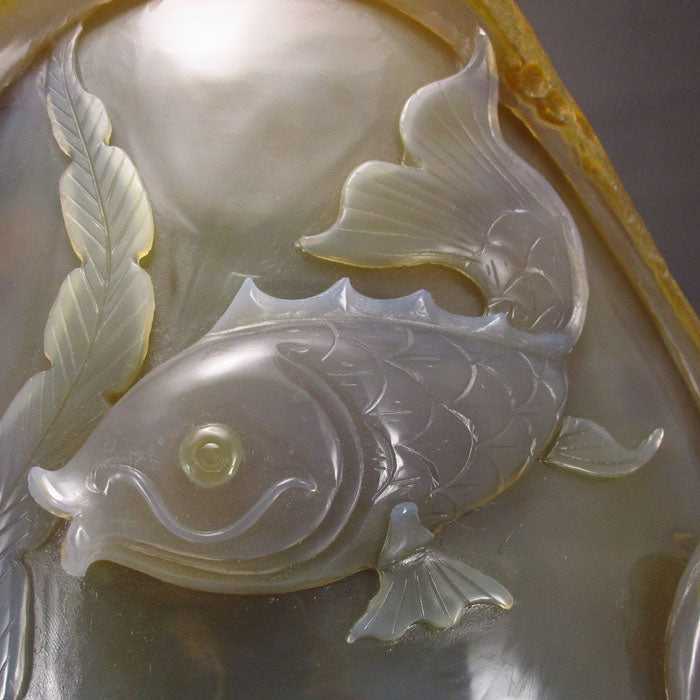 Chinese Natural Water Bile Agate Statue - Carp & Lotus