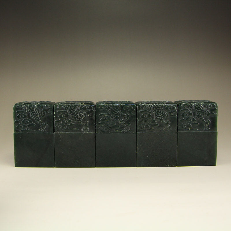 A Set Vintage Chinese Deep Green Hetian Jade Seals w Zitan Wood Box