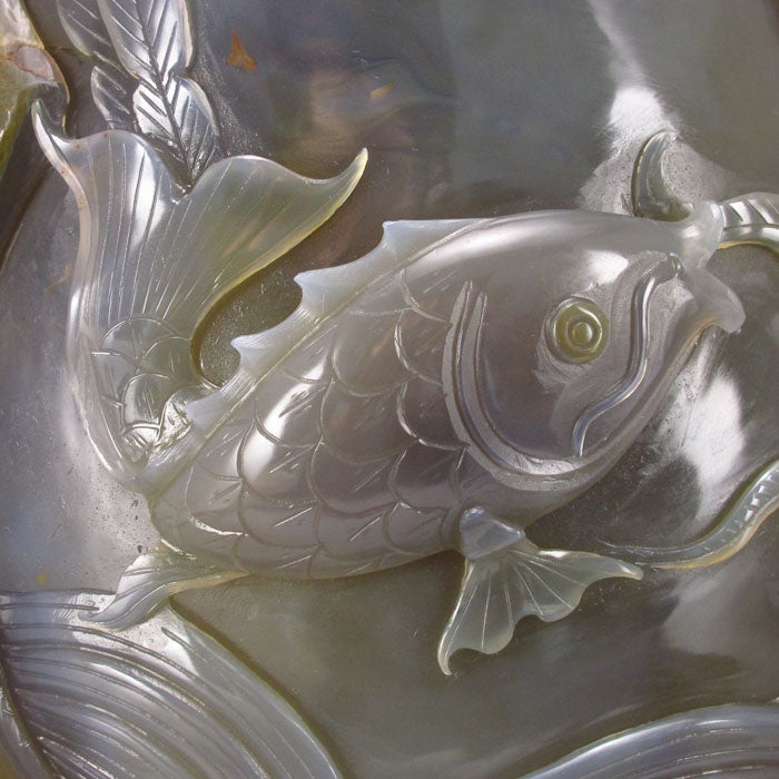 Chinese Natural Water Bile Agate Statue - Carp & Lotus