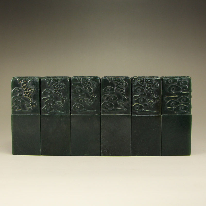 A Set Vintage Chinese Deep Green Hetian Jade Seals w Zitan Wood Box