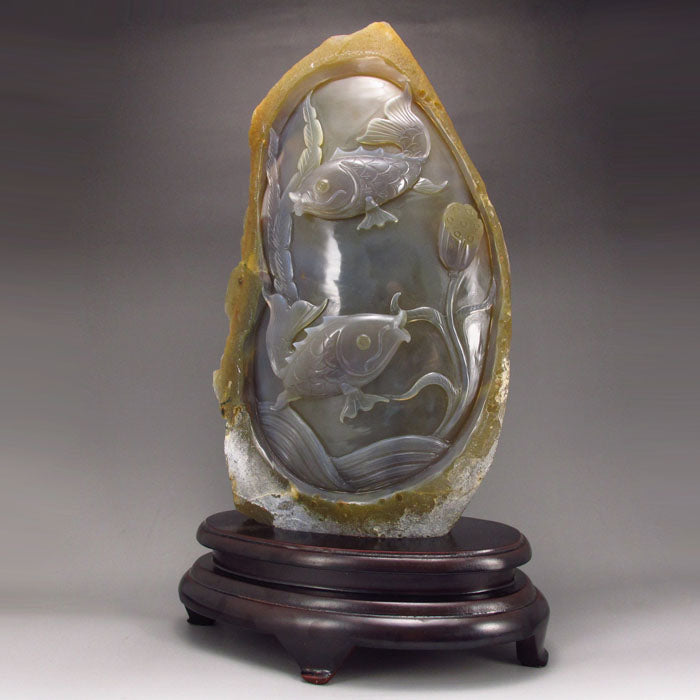 Chinese Natural Water Bile Agate Statue - Carp & Lotus