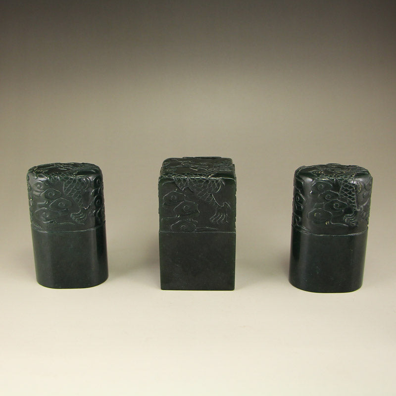 A Set Vintage Chinese Deep Green Hetian Jade Seals w Zitan Wood Box