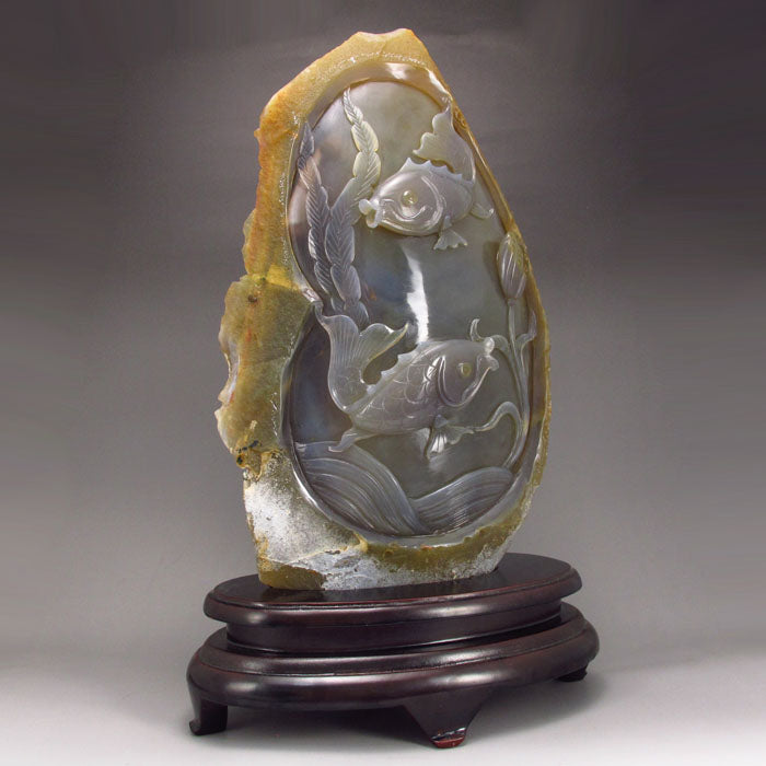 Chinese Natural Water Bile Agate Statue - Carp & Lotus