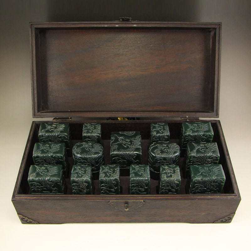 A Set Vintage Chinese Deep Green Hetian Jade Seals w Zitan Wood Box