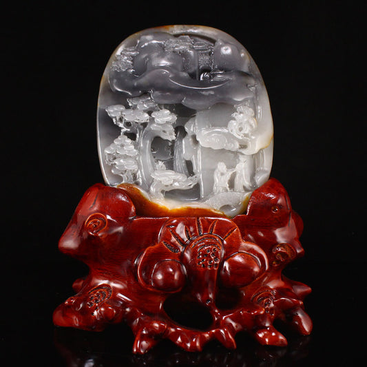 Chinese Natural Hetian Jade Sages & Pine Tree Statue w Certificate