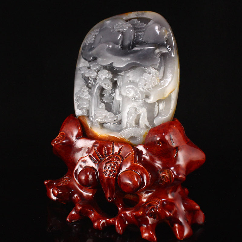 Chinese Natural Hetian Jade Sages & Pine Tree Statue w Certificate