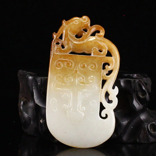 Chinese Hetian Jade Carved Chi Dragon & Axe Pendant