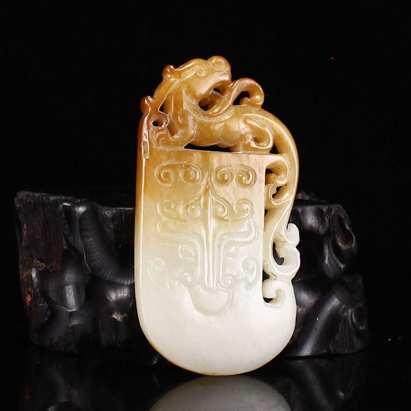 Chinese Hetian Jade Carved Chi Dragon & Axe Pendant