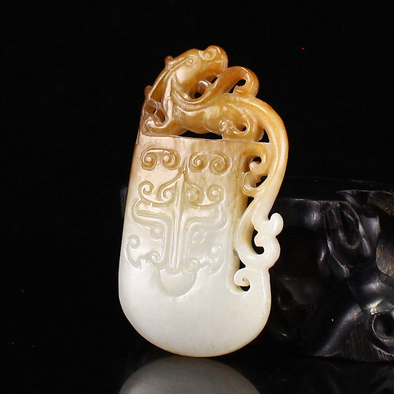 Chinese Hetian Jade Carved Chi Dragon & Axe Pendant