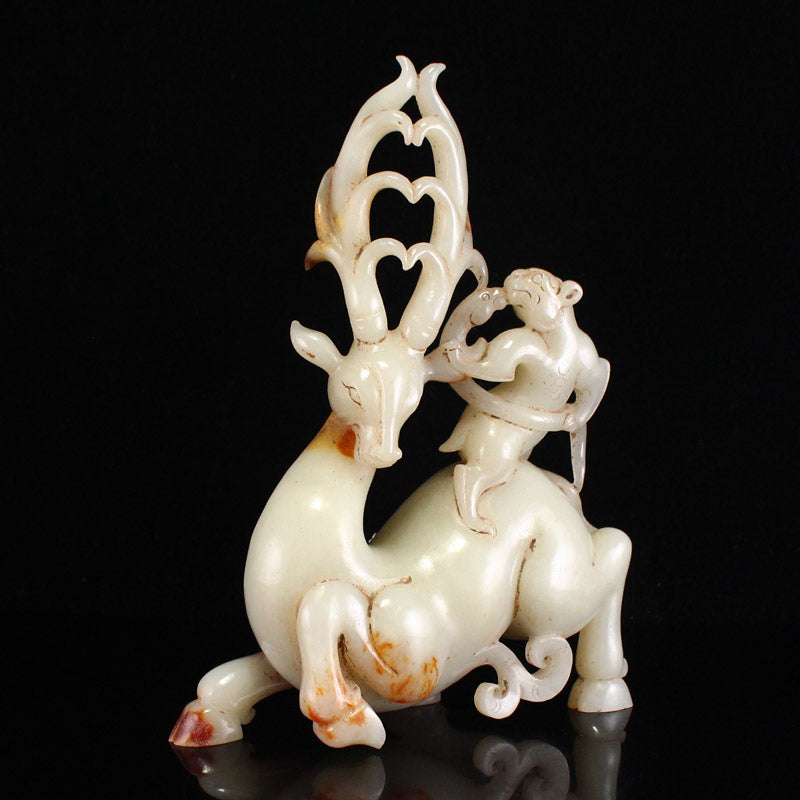 Chinese Hetian Jade Deer & Divine Beast Statue