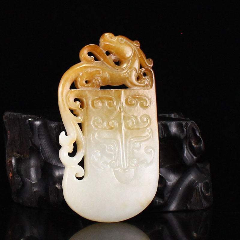 Chinese Hetian Jade Carved Chi Dragon & Axe Pendant