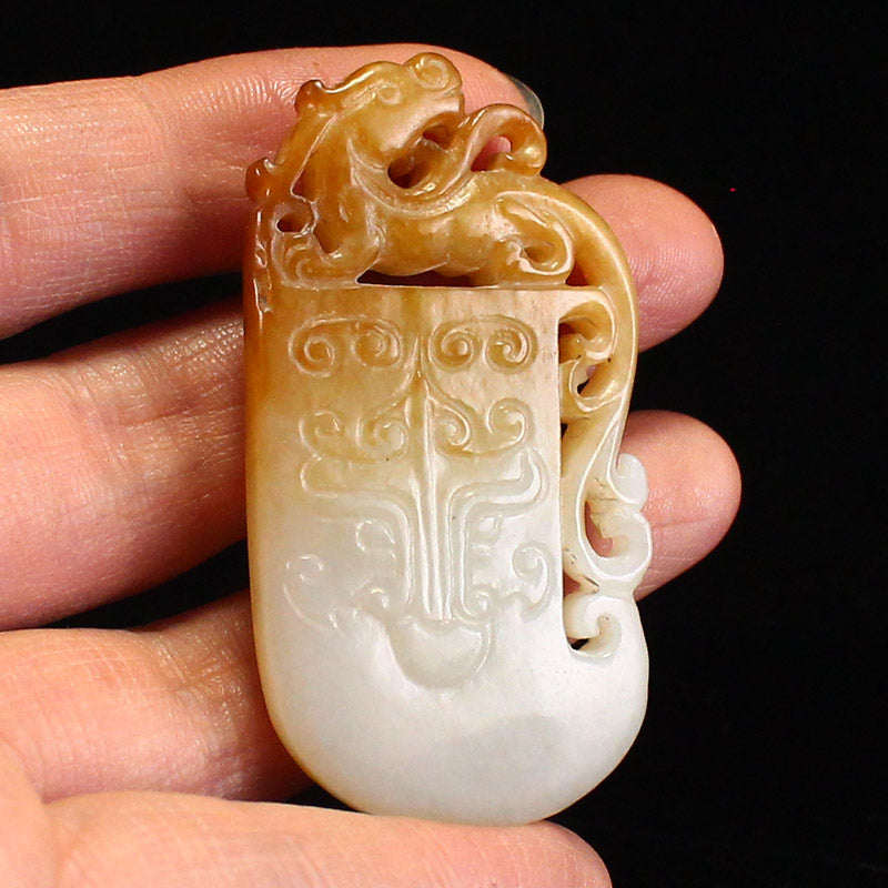 Chinese Hetian Jade Carved Chi Dragon & Axe Pendant