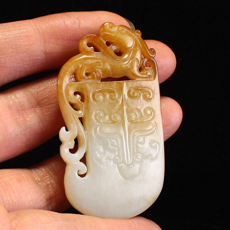 Chinese Hetian Jade Carved Chi Dragon & Axe Pendant