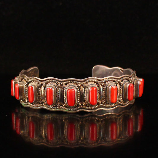 Old Chinese Pure Silver Inlay Red Coral Bracelet