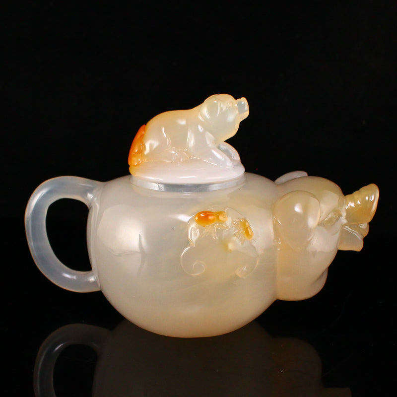 Chinese Agate Fortune Pig Teapot w Certificate