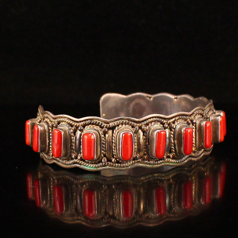 Old Chinese Pure Silver Inlay Red Coral Bracelet